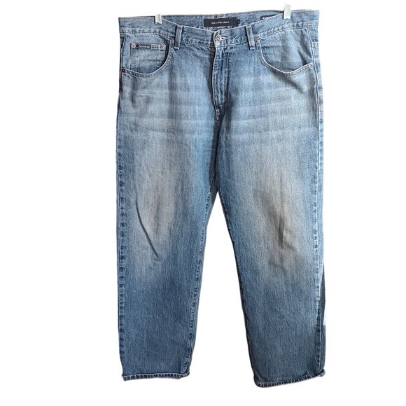 38x34 Y2K Vintage Calvin Klein Mens Relaxed Fit Light Wash Denim Jeans Distress - Picture 1 of 9